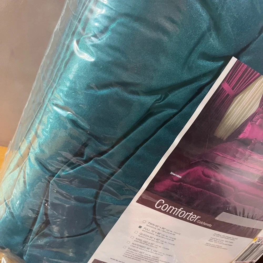 Vtg JCPenney Sheridan Ceylon‎ Teal Blue Satin Full Comforter Bedskirt Sham Set